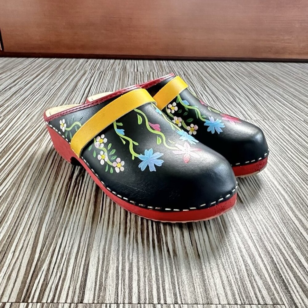 Tessa Traditional Hand Painted Boho Leather Swedish Clogs Sz. 38 / 7 - 7.5